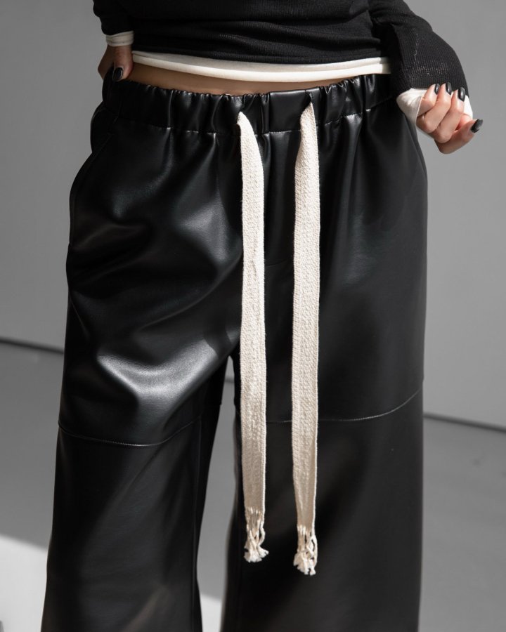 Paper Moon - Korean Women Fashion - #womensfashion - Drawstring Leather Wide Culottes Trousers - 3