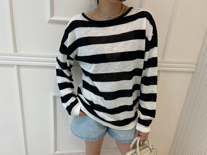 Pearls room - Korean Women Fashion - #momslook - Stripe X Knit Pullover - 2