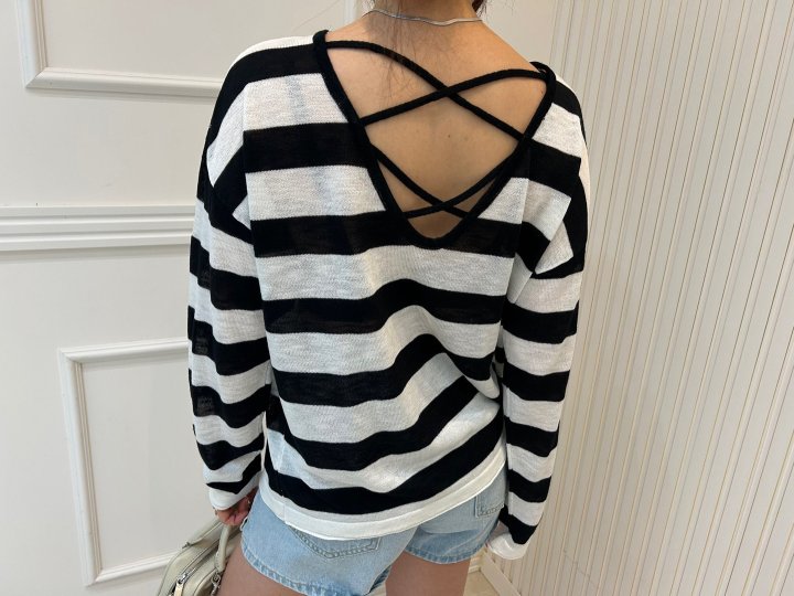Pearls room - Korean Women Fashion - #womensfashion - Stripe X Knit Pullover - 4