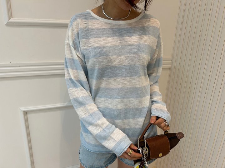 Pearls room - Korean Women Fashion - #momslook - Stripe X Knit Pullover - 6