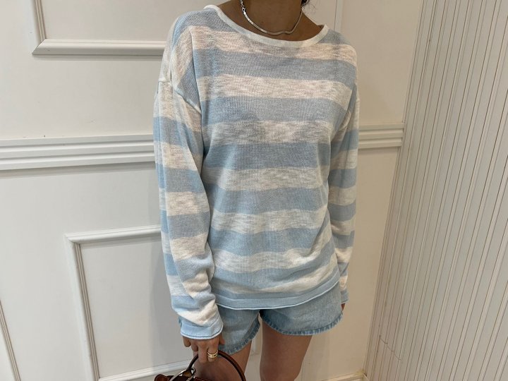 Pearls room - Korean Women Fashion - #momslook - Stripe X Knit Pullover - 7