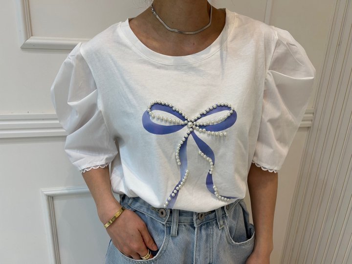 Pearls room - Korean Women Fashion - #momslook - Pearl Ribbon Puff Tee