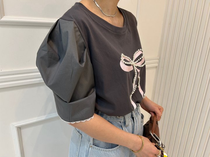 Pearls room - Korean Women Fashion - #momslook - Pearl Ribbon Puff Tee - 11