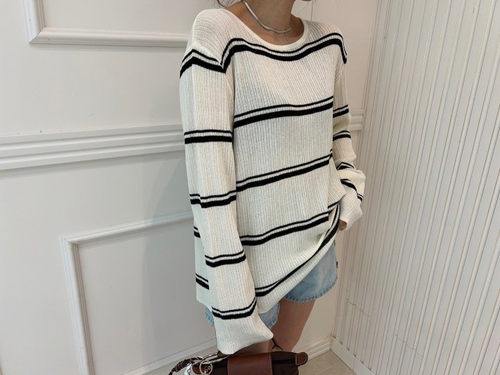 Pearls room - Korean Women Fashion - #momslook - Stripe Back Button Knit Top - 10
