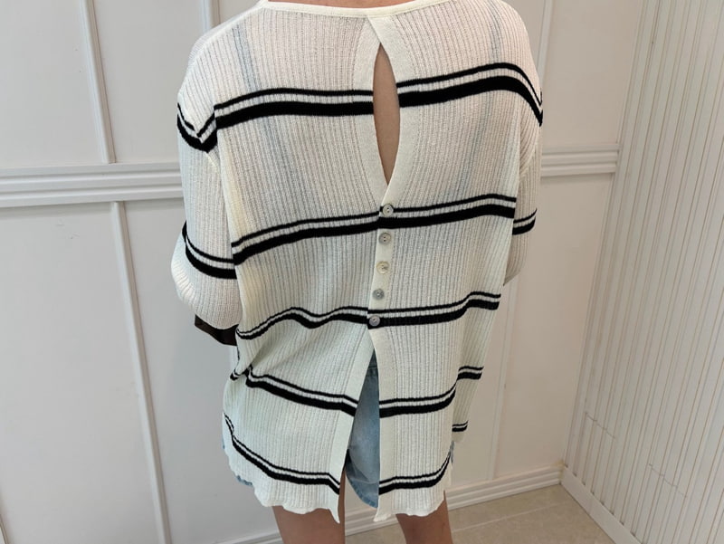 Pearls room - Korean Women Fashion - #momslook - Stripe Back Button Knit Top - 12