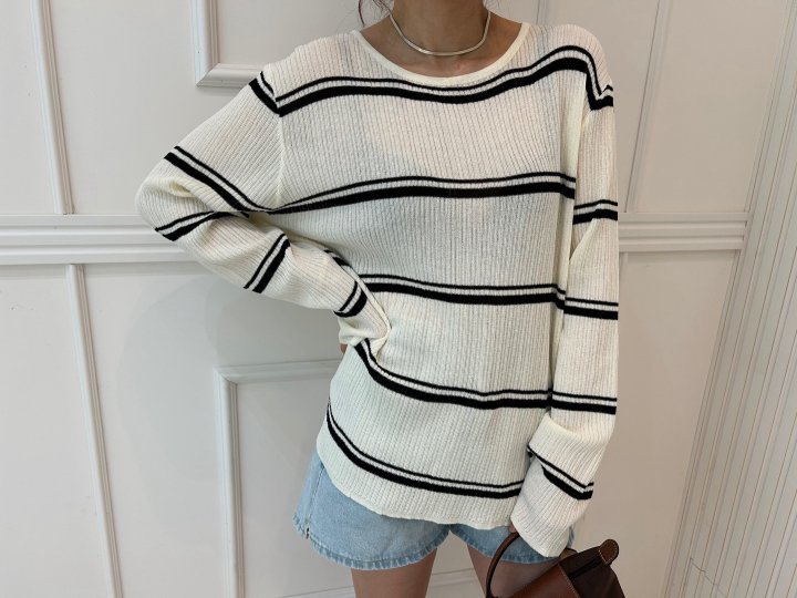 Pearls room - Korean Women Fashion - #momslook - Stripe Back Button Knit Top - 8