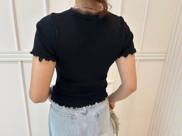 Pearls room - Korean Women Fashion - #momslook - Lace V Knit Tee - 10