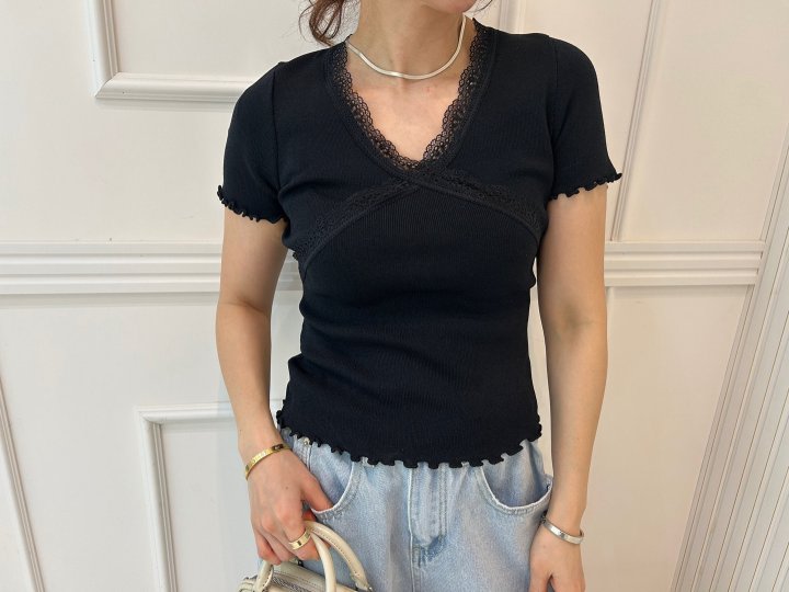 Pearls room - Korean Women Fashion - #momslook - Lace V Knit Tee - 6