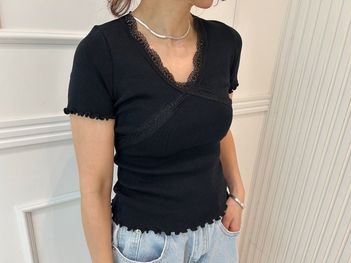 Pearls room - Korean Women Fashion - #momslook - Lace V Knit Tee - 8