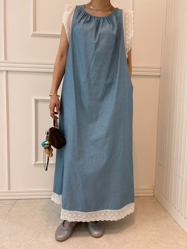Pearls room - Korean Women Fashion - #momslook - Lace Denim One-piece - 8