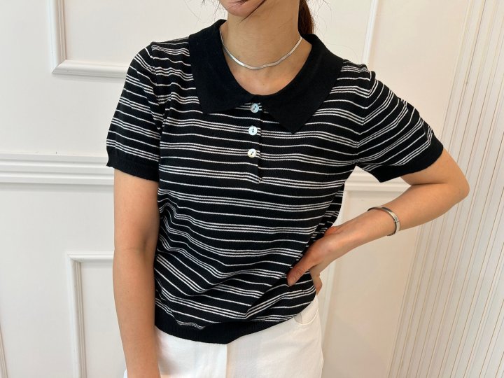 Pearls room - Korean Women Fashion - #momslook - Stripe Collar Knit Top