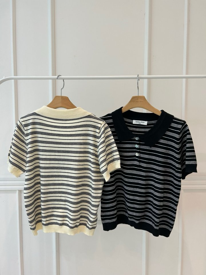 Pearls room - Korean Women Fashion - #momslook - Stripe Collar Knit Top - 11