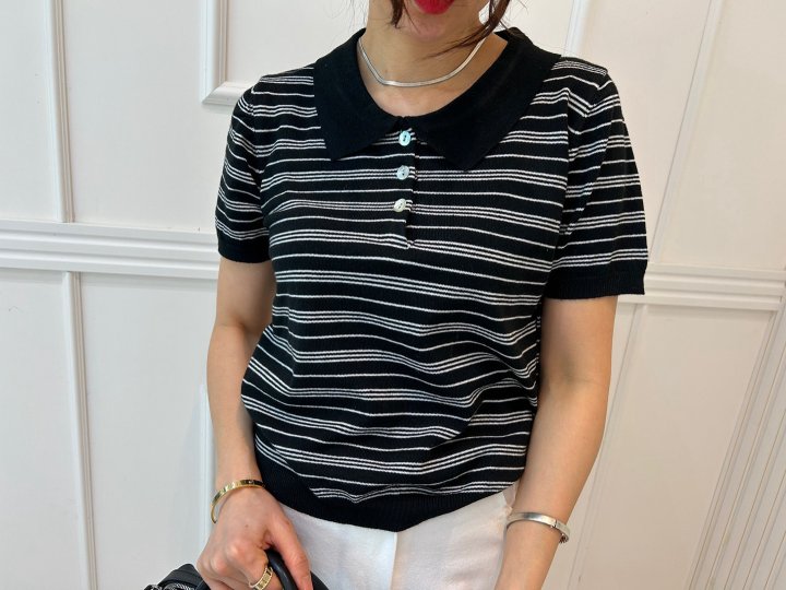 Pearls room - Korean Women Fashion - #momslook - Stripe Collar Knit Top - 3