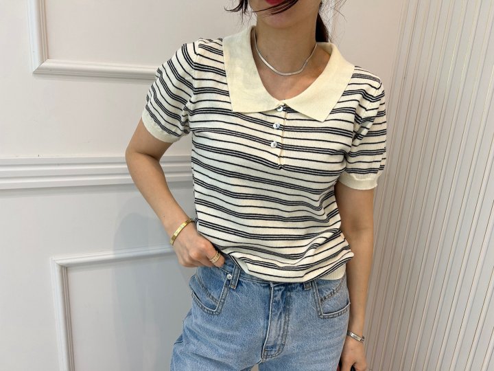 Pearls room - Korean Women Fashion - #momslook - Stripe Collar Knit Top - 5