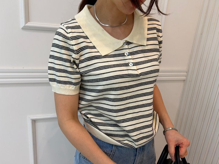 Pearls room - Korean Women Fashion - #momslook - Stripe Collar Knit Top - 7