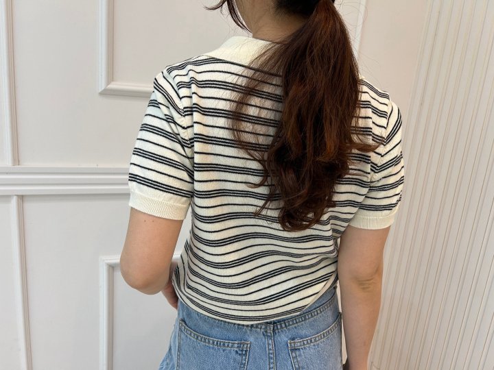 Pearls room - Korean Women Fashion - #momslook - Stripe Collar Knit Top - 9