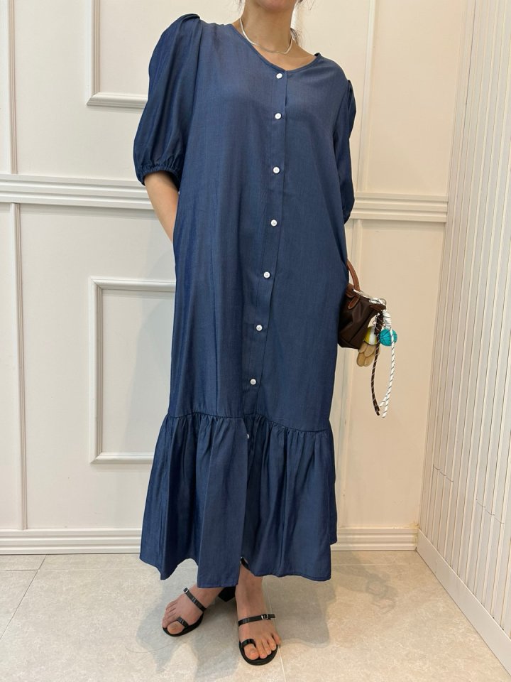 Pearls room - Korean Women Fashion - #momslook - Shirring Denim One-piece - 10