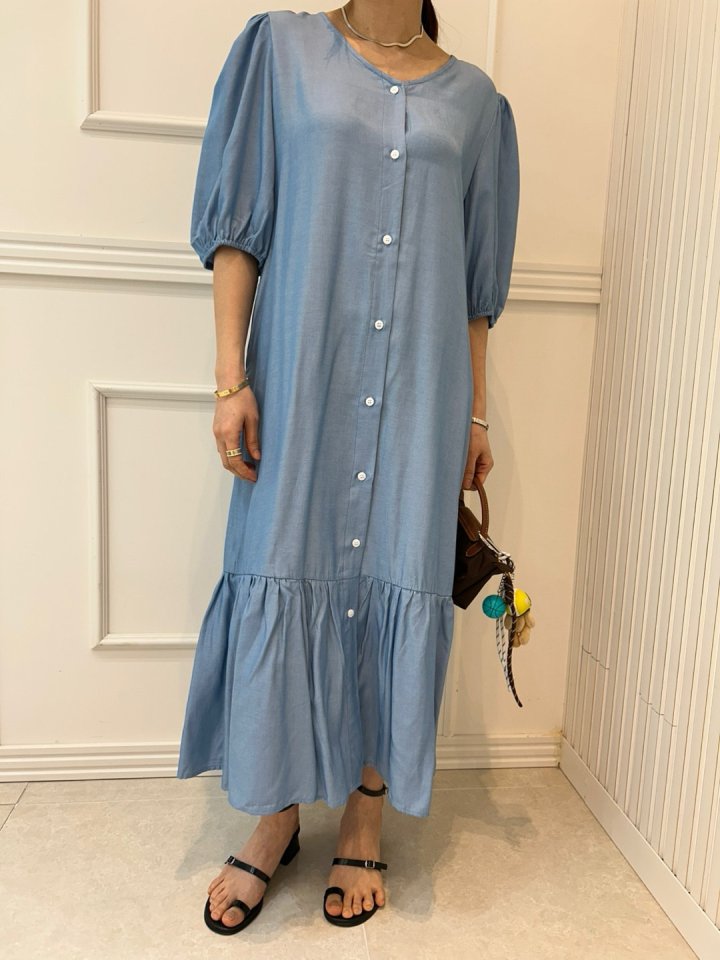 Pearls room - Korean Women Fashion - #momslook - Shirring Denim One-piece - 2