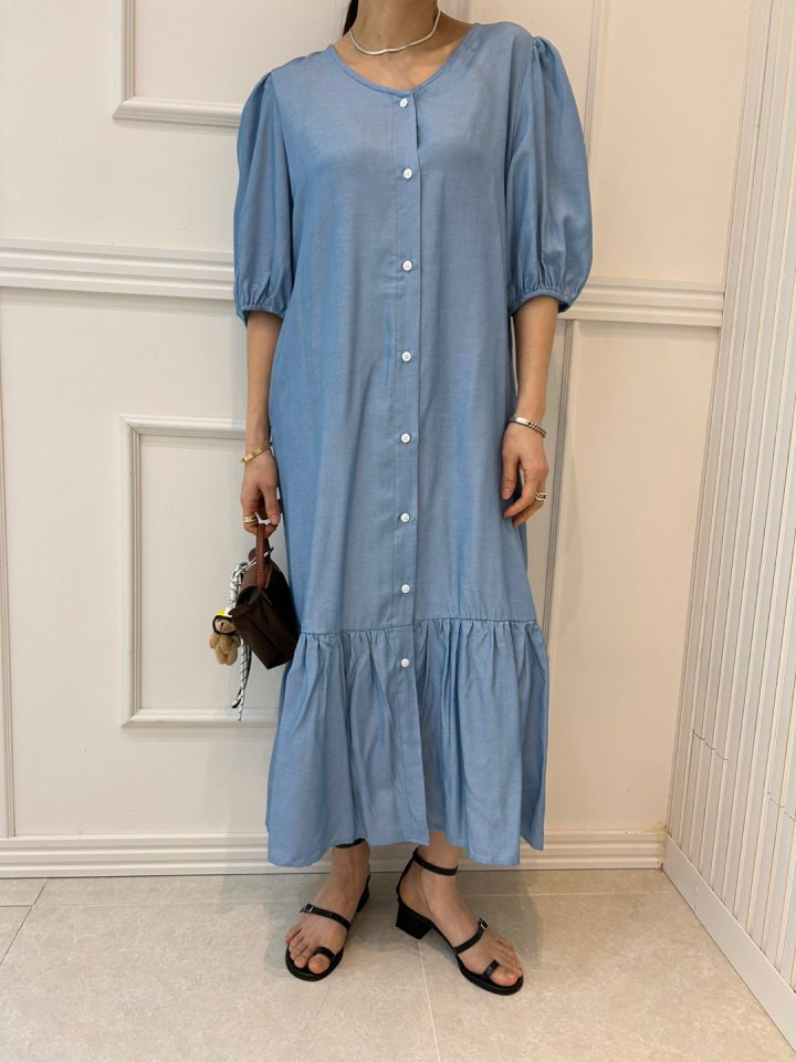Pearls room - Korean Women Fashion - #womensfashion - Shirring Denim One-piece - 4