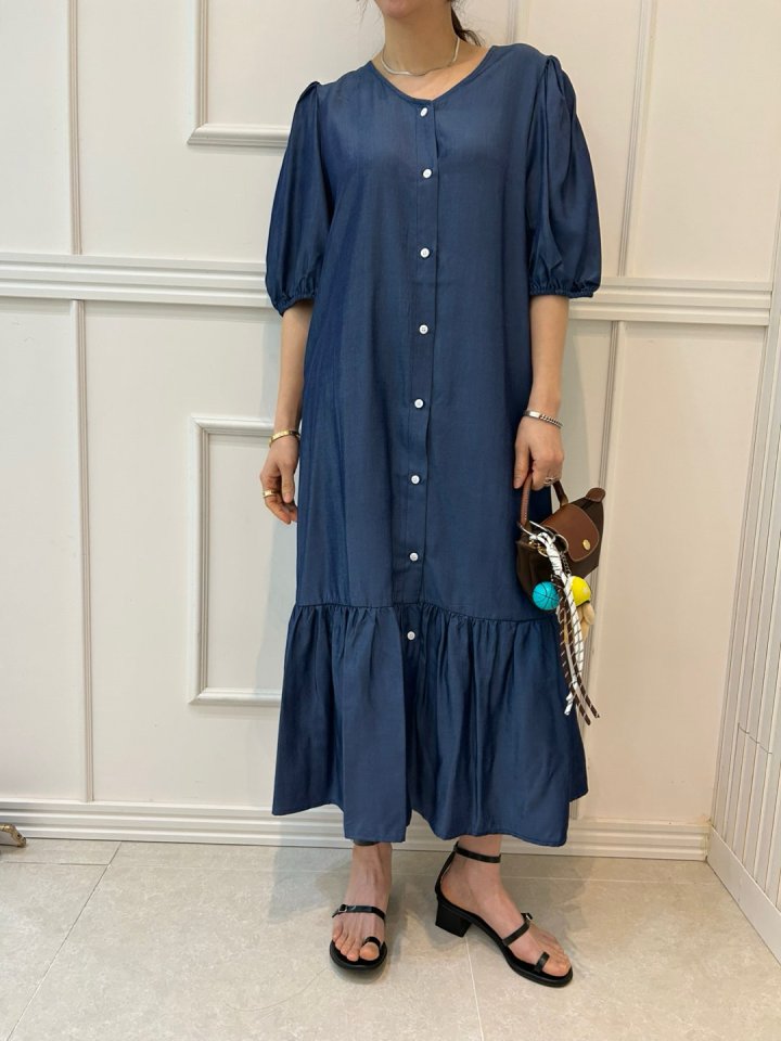 Pearls room - Korean Women Fashion - #momslook - Shirring Denim One-piece - 6