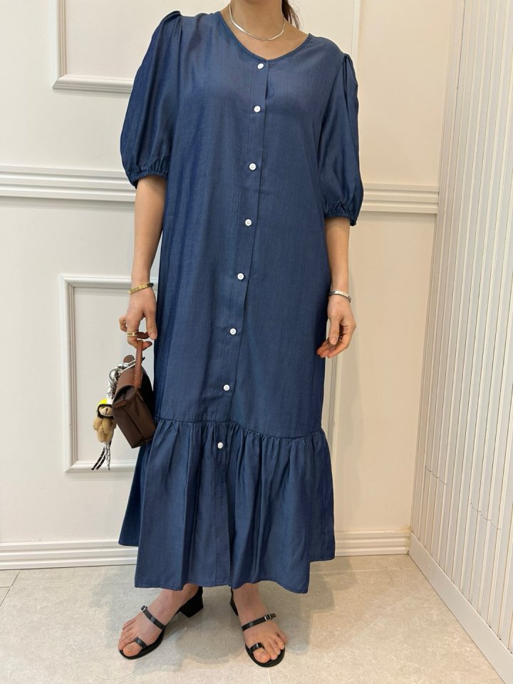 Pearls room - Korean Women Fashion - #momslook - Shirring Denim One-piece - 8