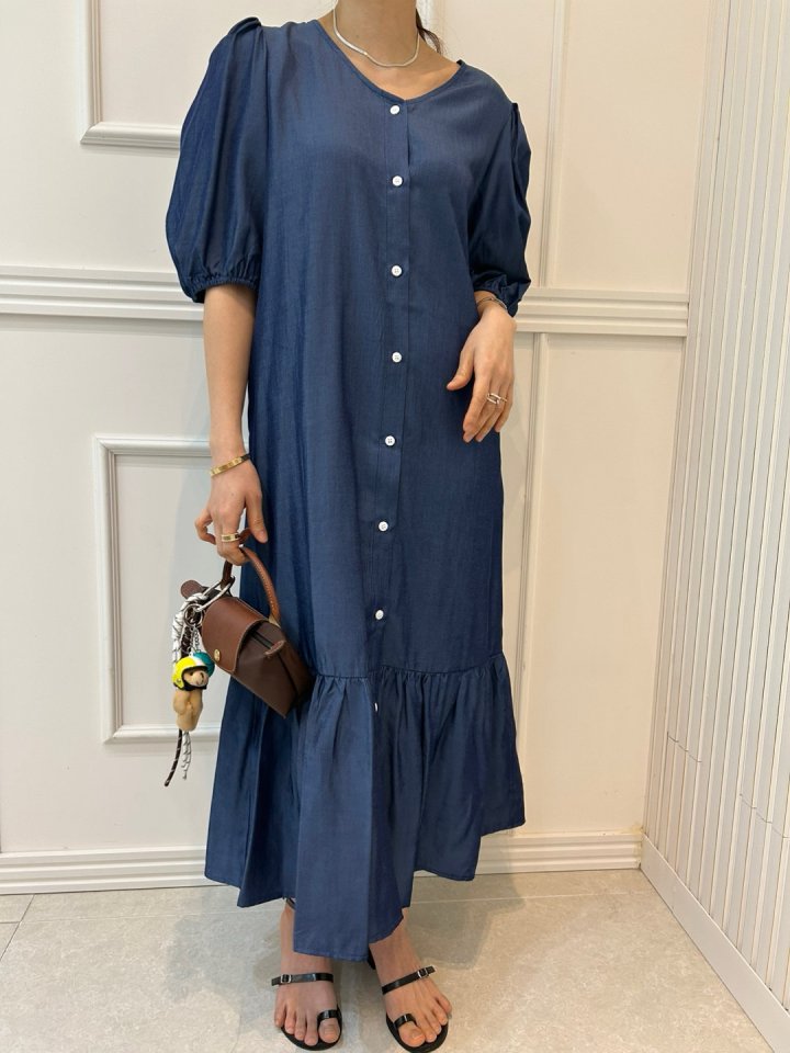 Pearls room - Korean Women Fashion - #momslook - Shirring Denim One-piece - 9