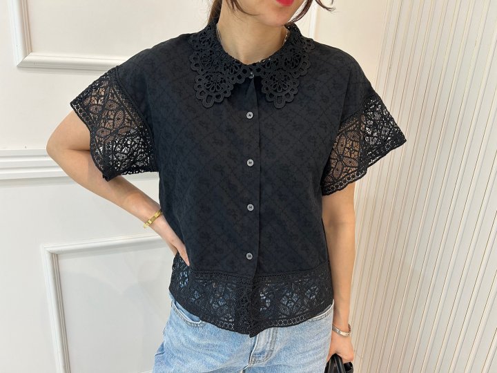 Pearls room - Korean Women Fashion - #momslook - Punching Lace Blouse - 2