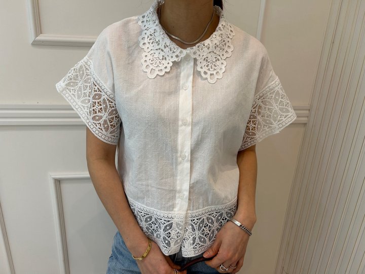 Pearls room - Korean Women Fashion - #momslook - Punching Lace Blouse - 7