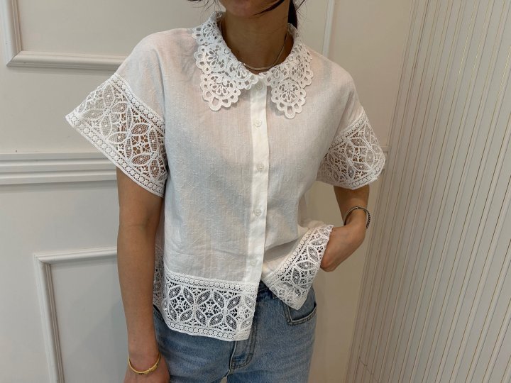 Pearls room - Korean Women Fashion - #momslook - Punching Lace Blouse - 8