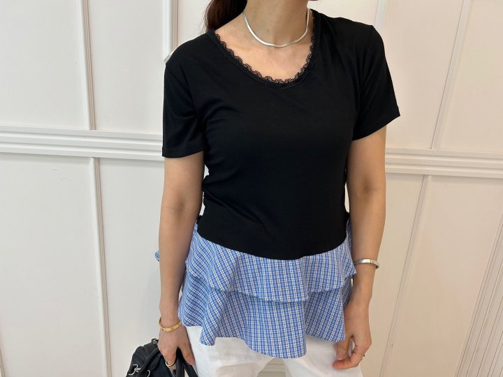 Pearls room - Korean Women Fashion - #momslook - Check Frill Tee with Hairband - 5
