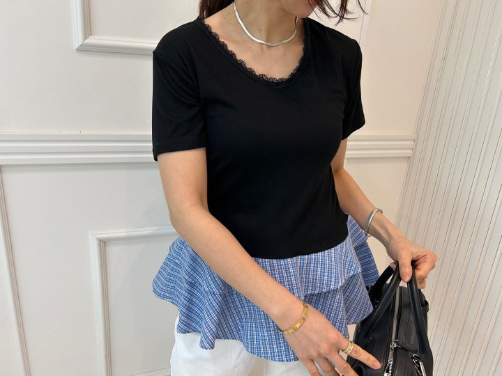 Pearls room - Korean Women Fashion - #momslook - Check Frill Tee with Hairband - 6