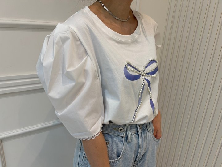 Pearls room - Korean Women Fashion - #pursuepretty - Pearl Ribbon Puff Tee - 5