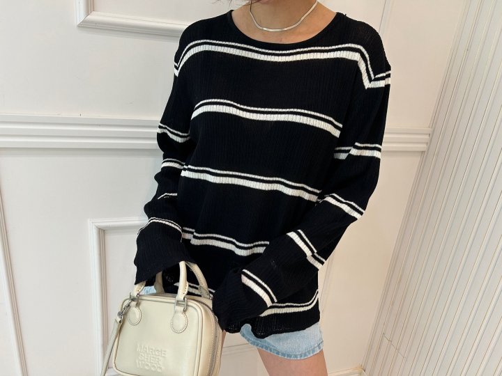 Pearls room - Korean Women Fashion - #pursuepretty - Stripe Back Button Knit Top - 2