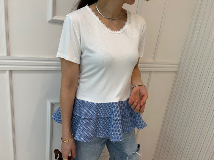 Pearls room - Korean Women Fashion - #pursuepretty - Check Frill Tee with Hairband - 11
