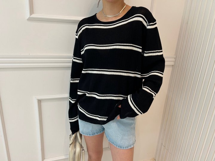 Pearls room - Korean Women Fashion - #restrostyle - Stripe Back Button Knit Top - 3