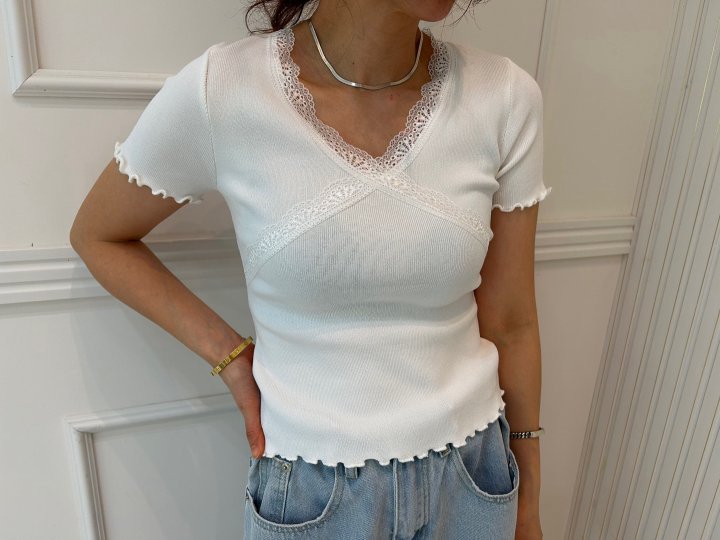 Pearls room - Korean Women Fashion - #restrostyle - Lace V Knit Tee