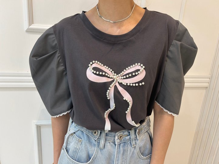 Pearls room - Korean Women Fashion - #romanticstyle - Pearl Ribbon Puff Tee - 7