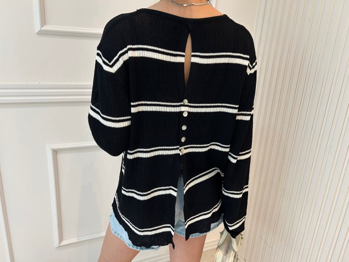 Pearls room - Korean Women Fashion - #restrostyle - Stripe Back Button Knit Top - 4