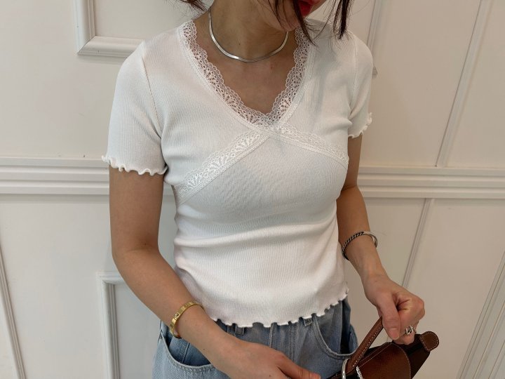 Pearls room - Korean Women Fashion - #romanticstyle - Lace V Knit Tee - 2