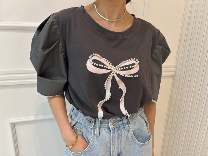 Pearls room - Korean Women Fashion - #shopsmall - Pearl Ribbon Puff Tee - 8