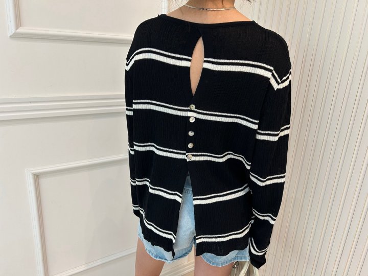 Pearls room - Korean Women Fashion - #shopsmall - Stripe Back Button Knit Top - 5