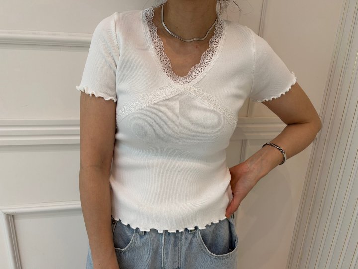 Pearls room - Korean Women Fashion - #shopsmall - Lace V Knit Tee - 3
