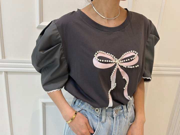Pearls room - Korean Women Fashion - #thatsdarling - Pearl Ribbon Puff Tee - 9