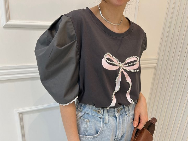 Pearls room - Korean Women Fashion - #thelittlethings - Pearl Ribbon Puff Tee - 10