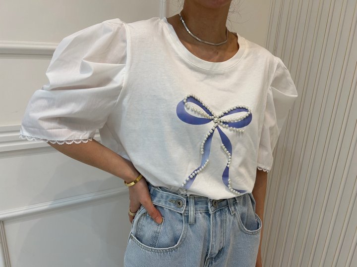 Pearls room - Korean Women Fashion - #vintageinspired - Pearl Ribbon Puff Tee - 3