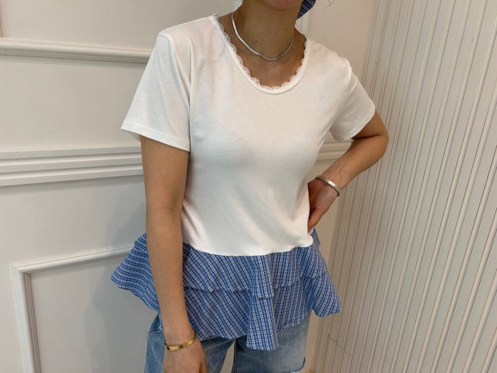 Pearls room - Korean Women Fashion - #vintageinspired - Check Frill Tee with Hairband - 9