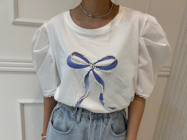 Pearls room - Korean Women Fashion - #vintageinspired - Pearl Ribbon Puff Tee - 4