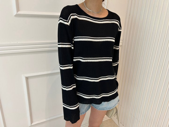 Pearls room - Korean Women Fashion - #vintagekidsstyle - Stripe Back Button Knit Top