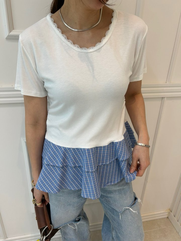 Pearls room - Korean Women Fashion - #vintagekidsstyle - Check Frill Tee with Hairband - 10