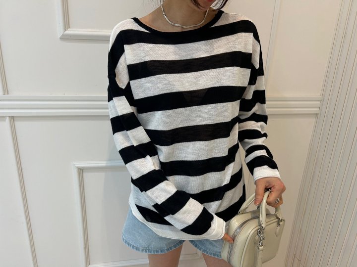 Pearls room - Korean Women Fashion - #womensfashion - Stripe X Knit Pullover